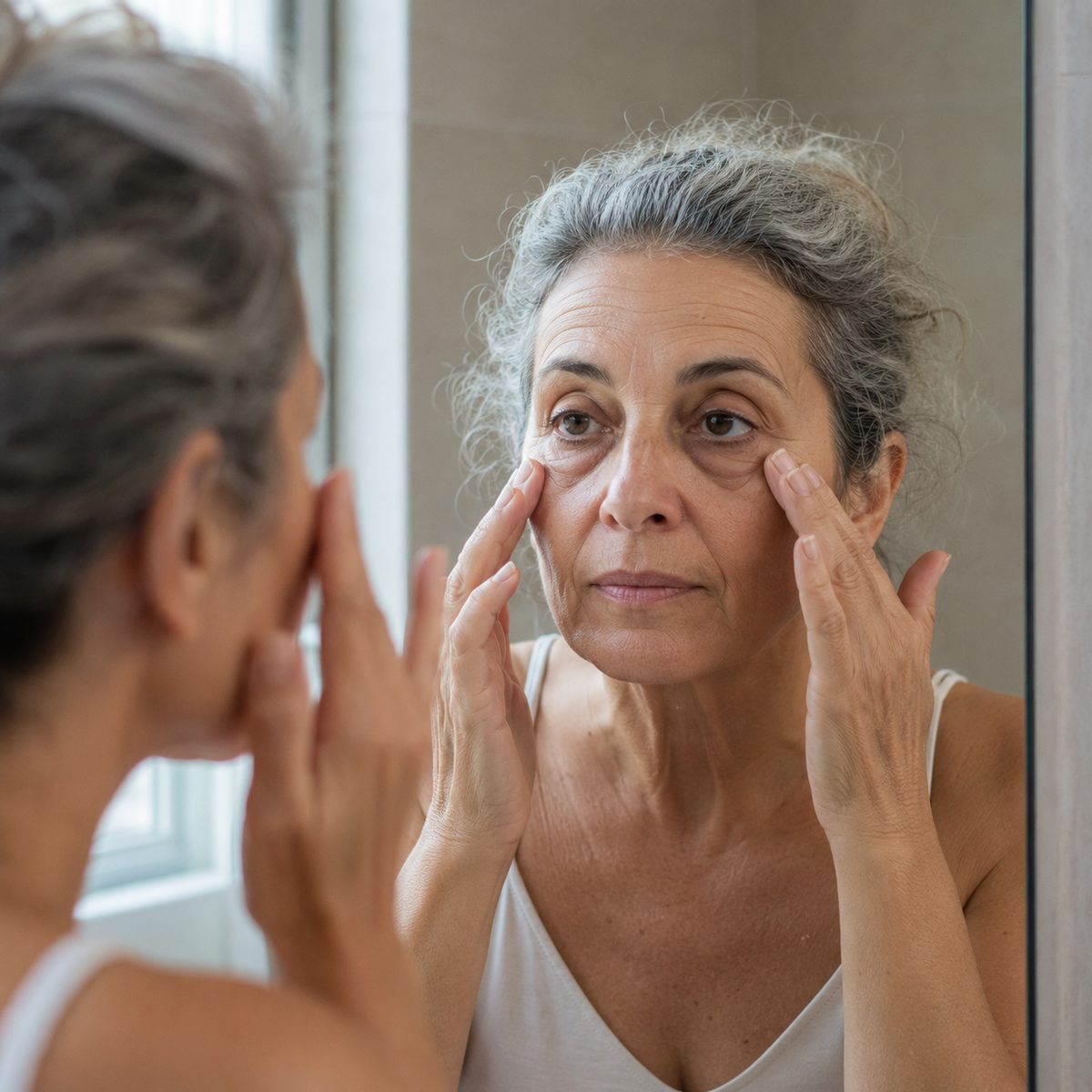 Donna over 55 osserva il contorno occhi allo specchio