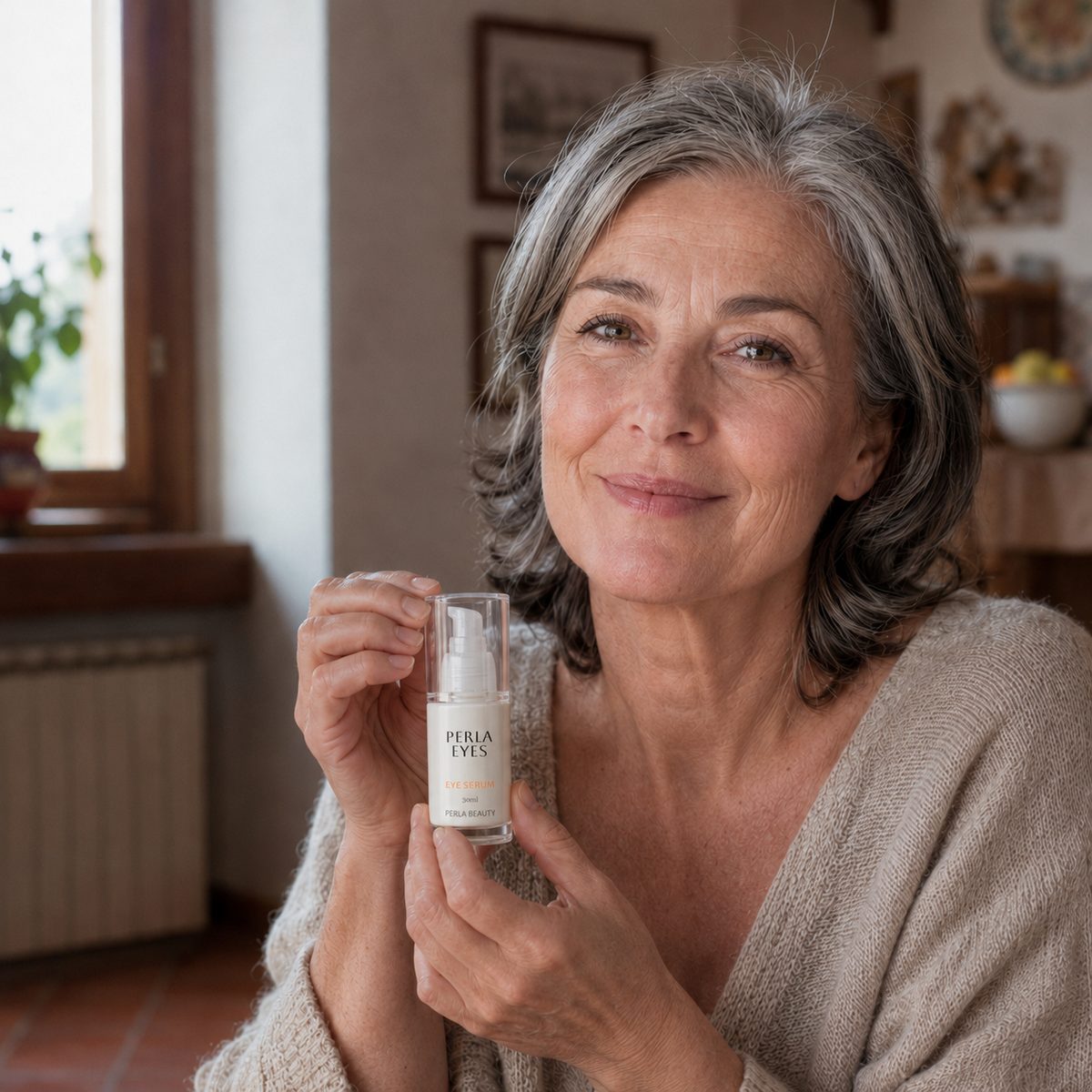 Donna over 55 con il siero Perla Eyes